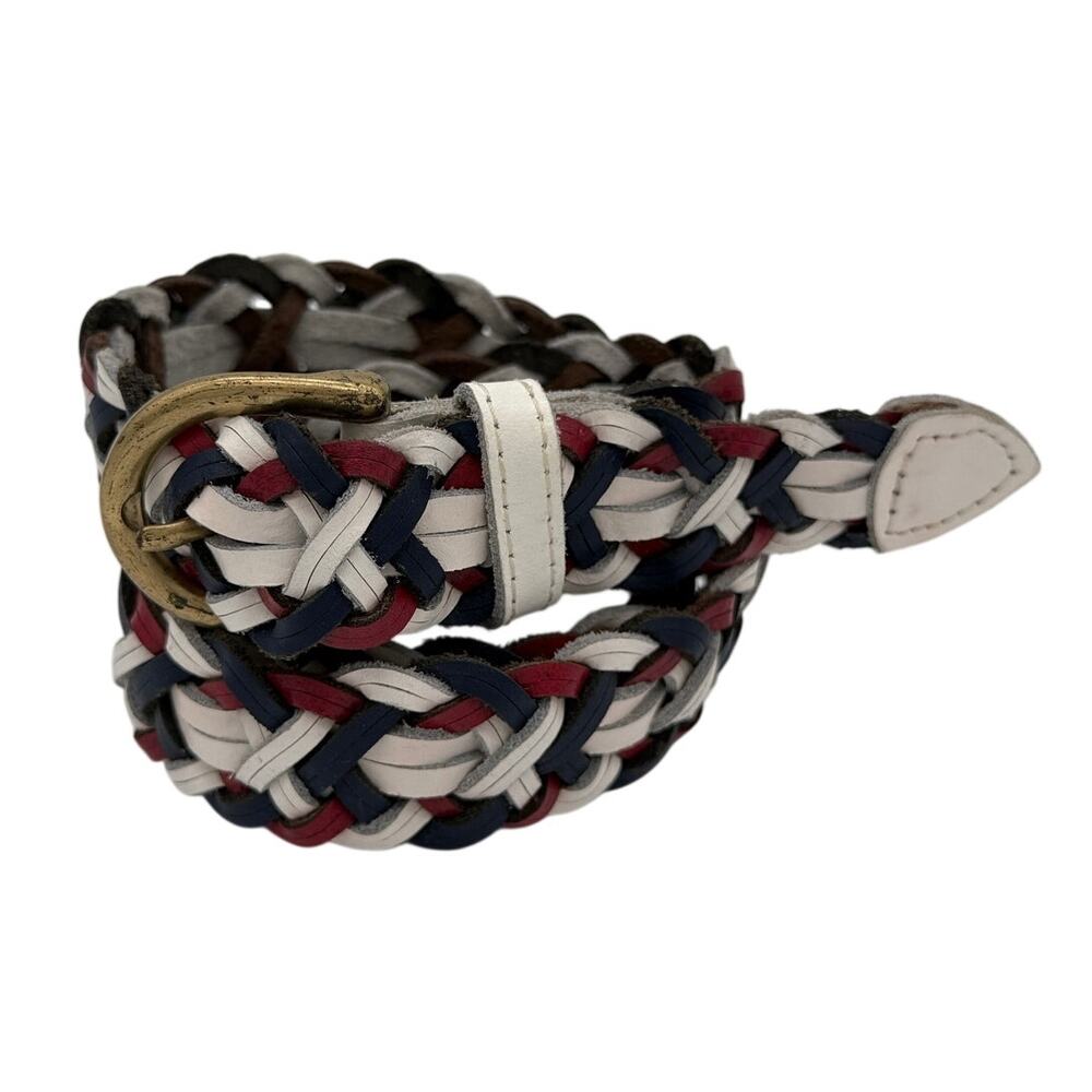 Vintage 80s Capezio Braided Leather Belt White Navy Red Woven M Coastal Preppy
